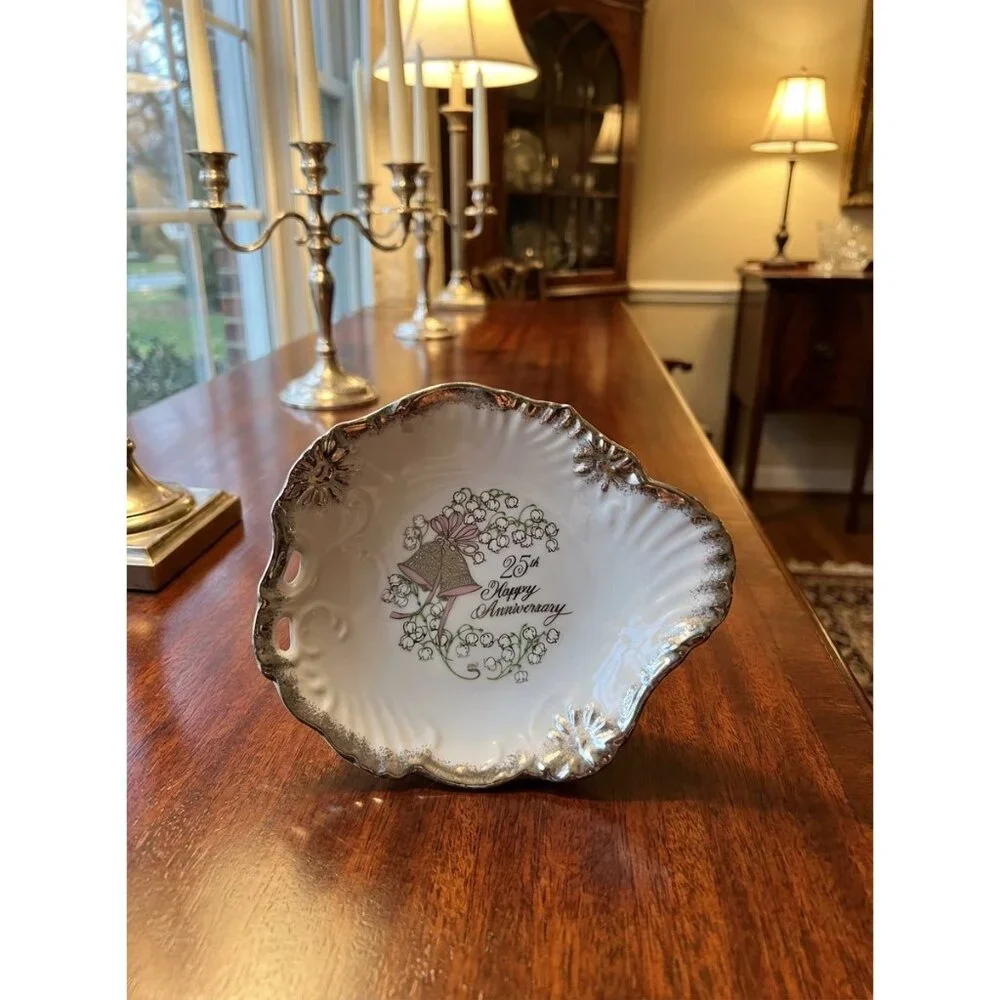 Vintage George Good Japan 25th Anniversary Porcelain Dish With Silver Trim & Flo
